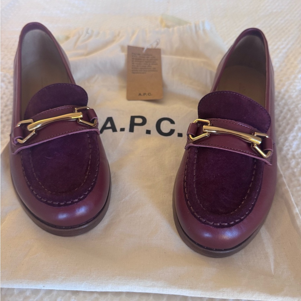 A.P.C. Women's Burgundy Loafers with Gold Accent